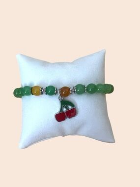 Green Jade Beaded Bracelet with Cherry Charm